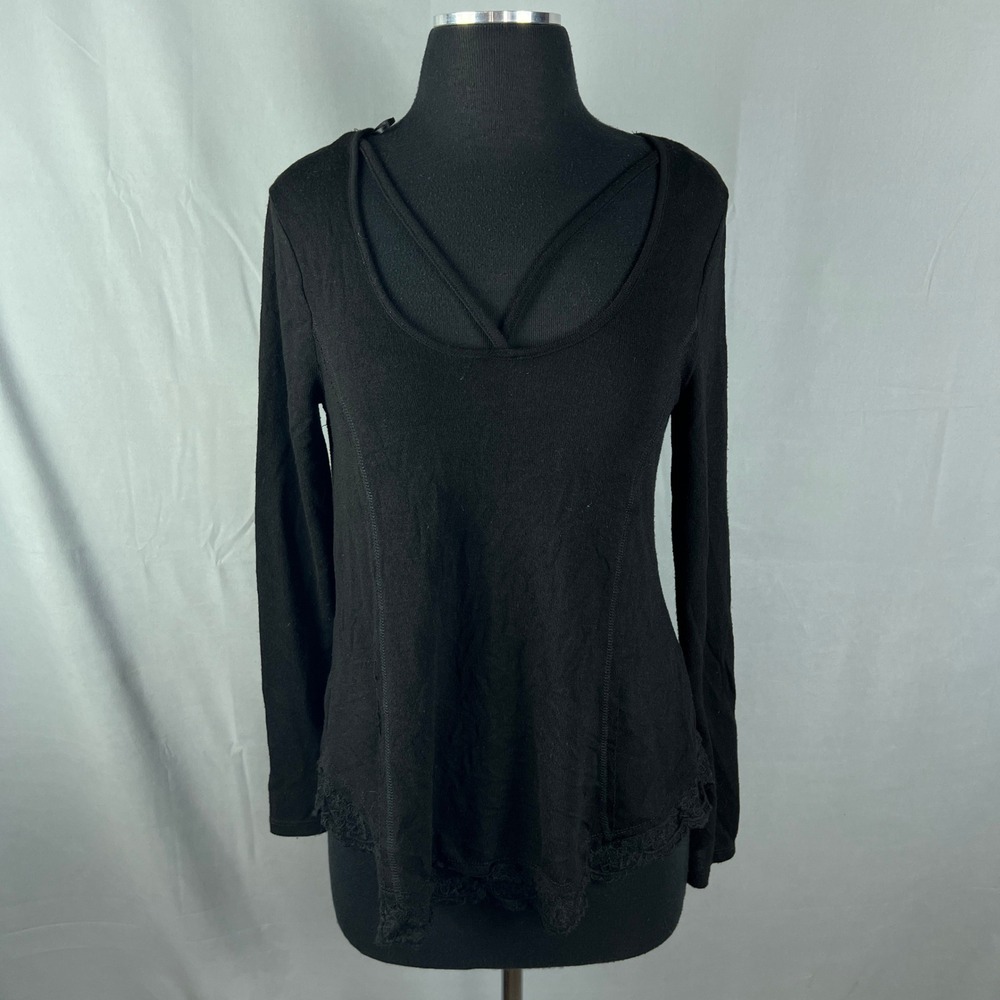 Belle Du Jour Knit Top Womens L Black Stretch Lace Trim Cage Front Long Sleeve